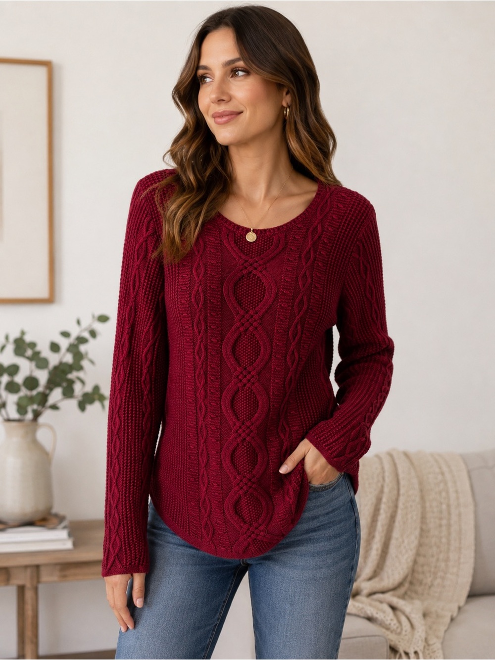 Jeanne Pierre Women’s Cable Knit Cotton Sweater – Large – Burgundy/Maroon